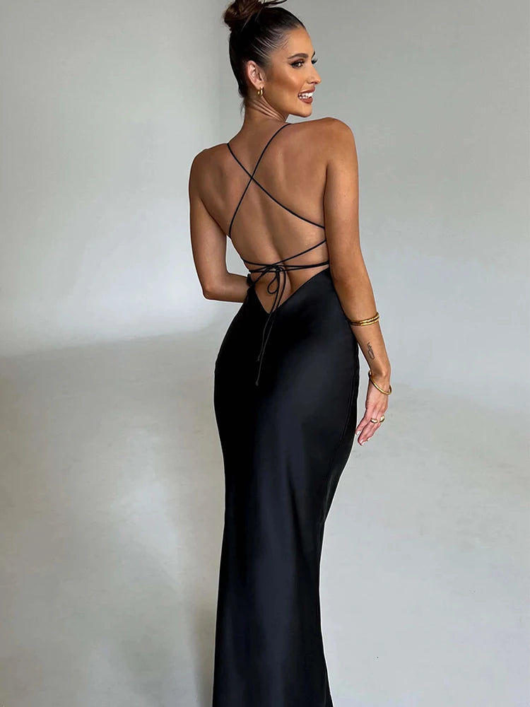 Satin Backless Lace-Up Dress