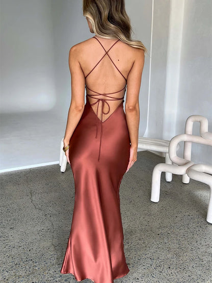 Satin Backless Lace-Up Dress