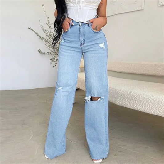 Elegant Knee Holes Straight Jeans