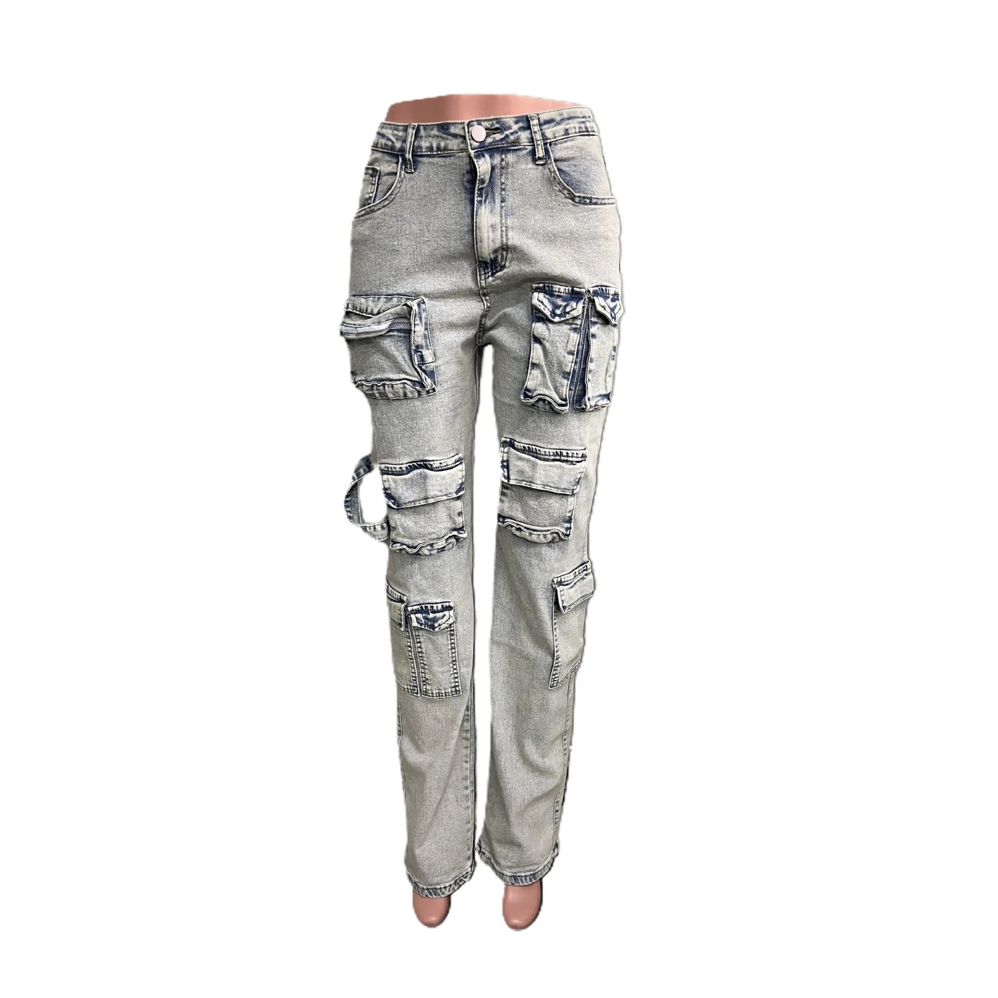 Casual Washed Denim Cargo Jeans